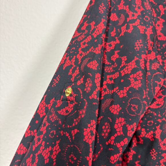 MICHAEL Michael Kors Medium Full Zip Shirt Crimson Black Floral Roll Tab Sleeves - Picture 6 of 11